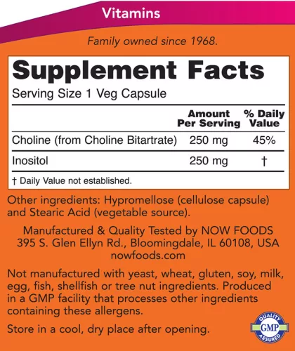 Now Foods Kolin és Inozitol 500 mg 100 Veg Kapszula