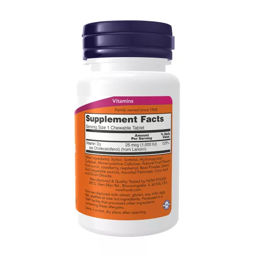 Now Foods D-vitamin 1000 NE rágótabletta 180 Rágótabletta