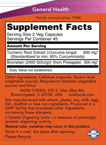 Now Foods Standardizált Kurkuma & Bromelain Ízületvédő 90 Veg Kapszula