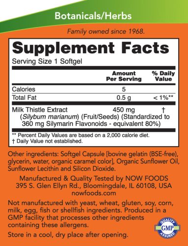 Now Foods Extra Erős Méregtelenítő Máriatövis 450 mg lágykapszula - Silymarin Milk Thistle 120 Lágykapszula