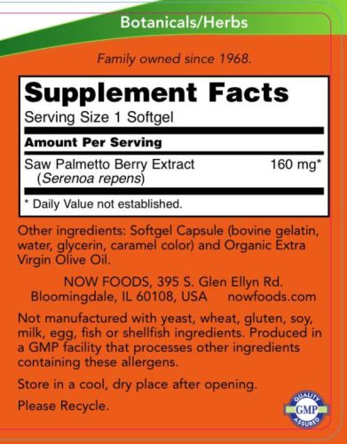 Now Foods Saw Palmetto Extract - Fűrészpálma Kivonat 160 mg 120 Lágykapszula