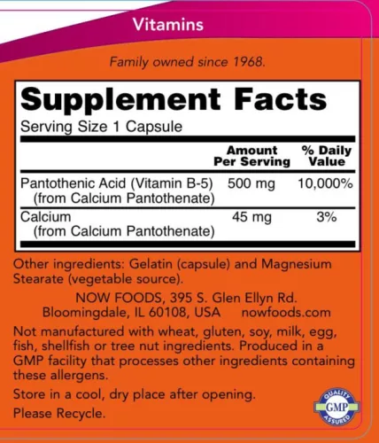 Now Foods Pantoténsav (Pantothenic Acid) 500 mg 250 Veg Kapszula