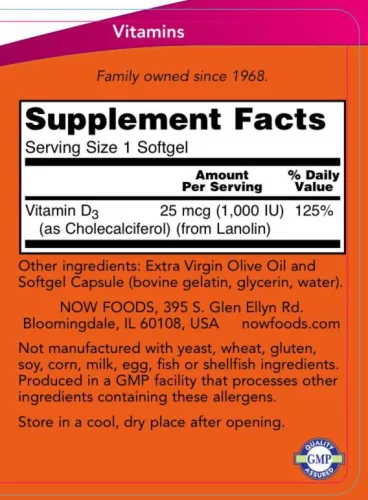 Now Foods D-vitamin 1000 NE 360 Lágykapszula