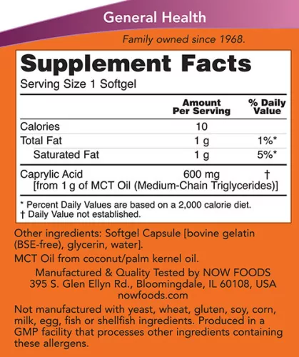 Now Foods Kaprilsav 600 mg 100 Lágykapszula