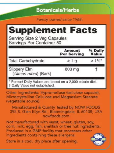 Now Foods Slippery Elm - Vörös Szil 400 mg 100 Veg Kapszula