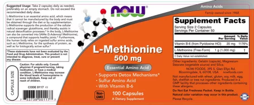 Now Foods L-metionin 500 mg kapszula - L-Methionine 100 Kapszula
