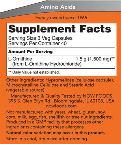 Now Foods Ornitin 500 mg kapszula - L-Ornithine 120 Veg Kapszula