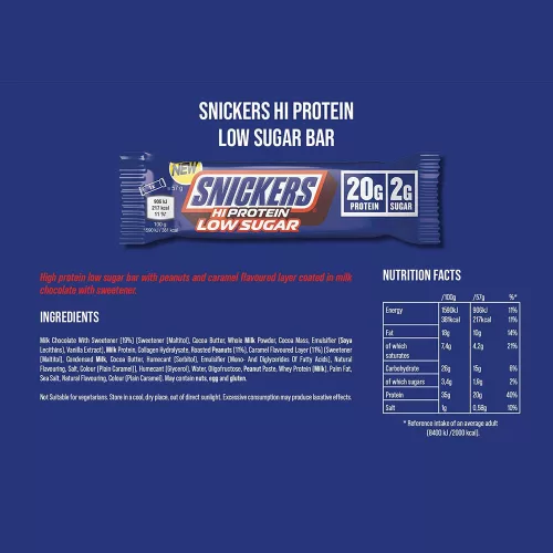 Snickers High Protein Low Sugar Bar - Alacsony Cukortartalmú Fehérjeszelet - Tejcsokoládé 57 g