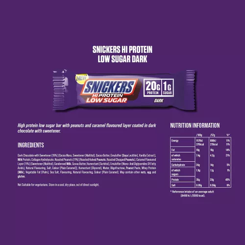 Snickers High Protein Low Sugar Bar - Alacsony Cukortartalmú Fehérjeszelet - Étcsokoládé 57 g
