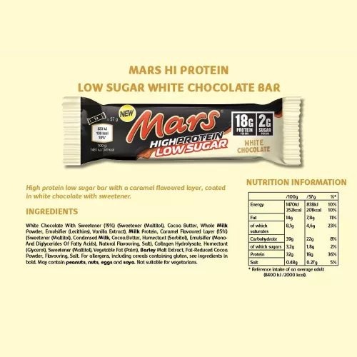 Mars High Protein Low Sugar Bar - Alacsony Cukortartalmú Fehérjeszelet - Fehércsokoládé 57 g