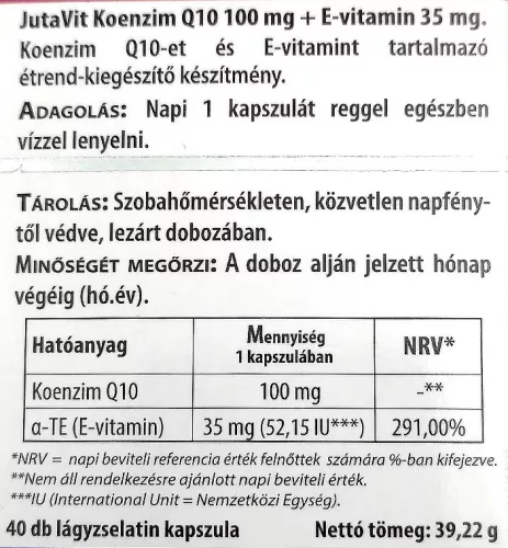 JutaVit Koenzim Q10 100 mg + E-vitamin 40 Tabletta
