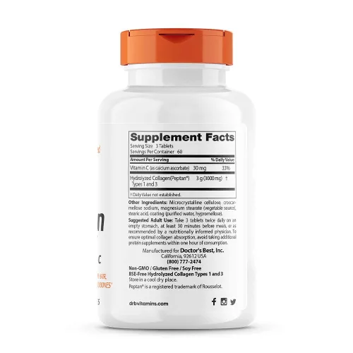 Doctor's Best 1. és 3. Típusú Kollagén + C-Vitamin 1000 mg tabletta - Collagen Types 1 and 3 180 Tabletta