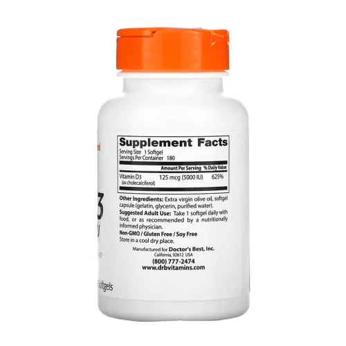 Doctor's Best D-vitamin 5000 NE kapszula - Vitamin D3 5000 IU 180 Lágykapszula