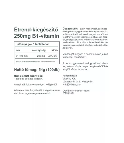 Vitaking B1-vitamin 250 mg 100 Tabletta
