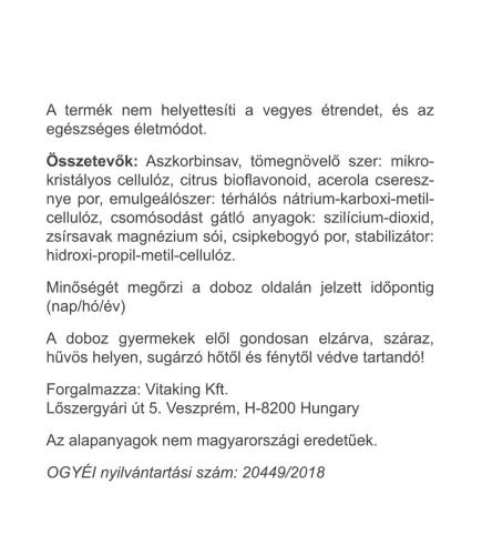 Vitaking C-vitamin 1000 mg tabletta Csipkebogyóval, Acerolával és Bioflavonoidokkal 200 Tabletta