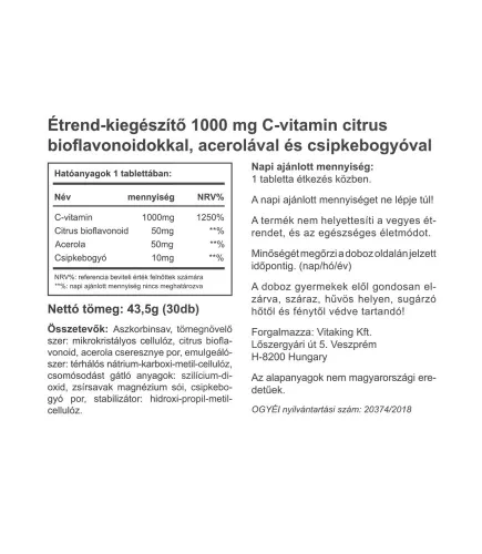 Vitaking C-vitamin 1000 mg tabletta Csipkebogyóval, Acerolával és Bioflavonoidokkal 30 Tabletta
