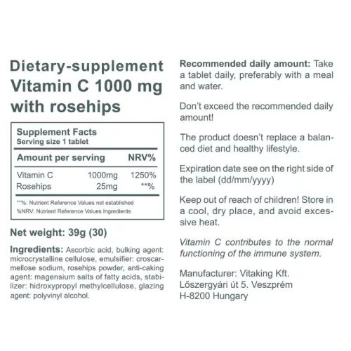 Vitaking C-vitamin 1000 mg tabletta Csipkebogyóval 30 Tabletta