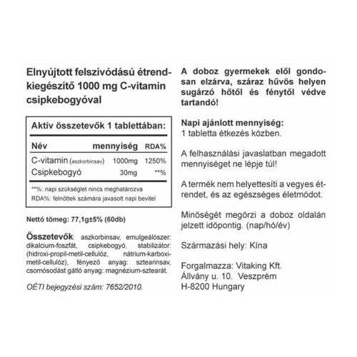 Vitaking Folyamatos Felszívódású C-vitamin 1000 mg tabletta Csipkebogyóval 60 Tabletta