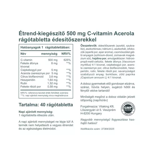 Vitaking C-vitamin 500 mg Acerola Epres rágótabletta 40 Rágótabletta