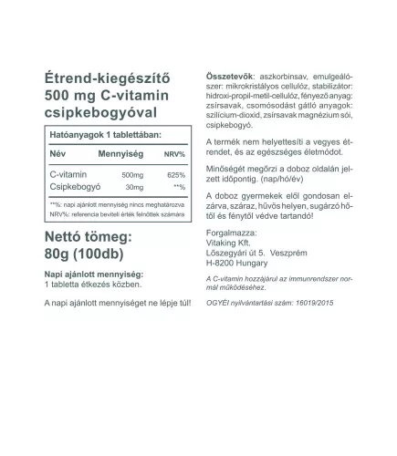 Vitaking C-vitamin 500 mg tabletta Csipkebogyóval 100 Tabletta