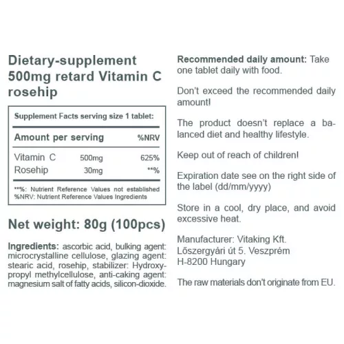 Vitaking Folyamatos Felszívódású C-vitamin tabletta Csipkebogyóval 100 Tabletta