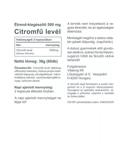 Vitaking Citromfű Levél 500 mg 60 Kapszula