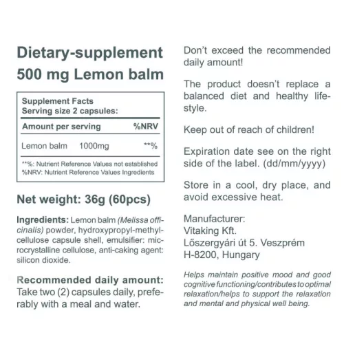 Vitaking Citromfű Levél 500 mg 60 Kapszula