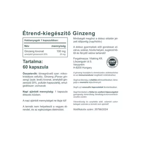 Vitaking Ginzeng Kivonat 400 mg 60 Kapszula