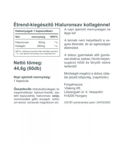 Vitaking Hialuronsav + Kollagén Komplex 60 Kapszula
