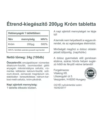 Vitaking Króm-pikolinát tabletta 200 mcg 100 Tabletta