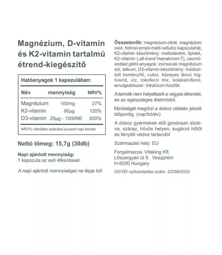 Vitaking MagneTrio D3+K2+ Magnézium Biszglicinát 30 Kapszula