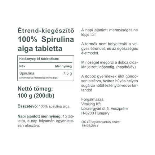 Vitaking Spirulina Alga 500 mg 200 Tabletta