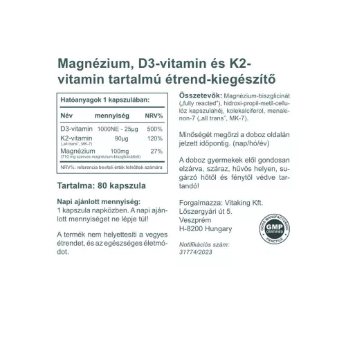 Vitaking MagneTrio D3+K2+ Magnézium biszglicinát 80 Kapszula