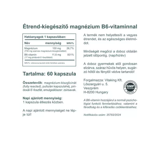 Vitaking Magnézium Biszglicinát + B6 (P5P) vitamin 60 Kapszula