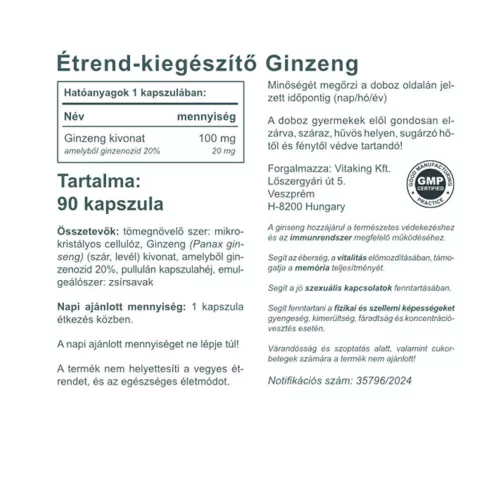 Vitaking Ginzeng Kivonat 100 mg 90 Kapszula
