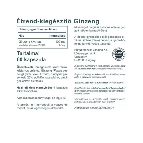 Vitaking Ginzeng Kivonat 100 mg 60 Kapszula
