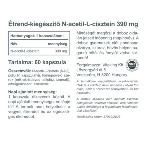 Vitaking NAC-390 (N-acetil-L-cisztein) 390 mg 60 Kapszula