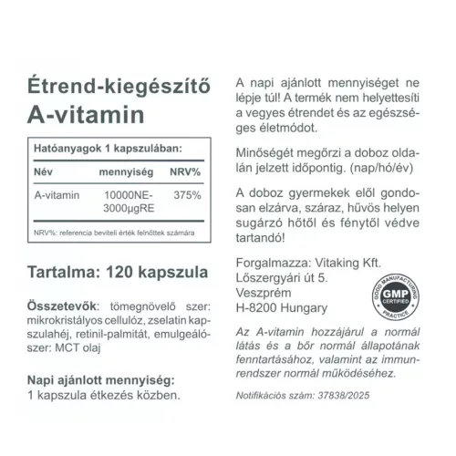 Vitaking A-vitamin 10000 NE 120 Kapszula