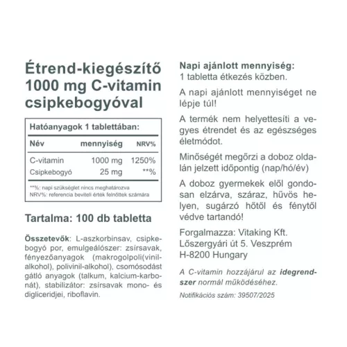 Vitaking C-1000 mg 25mg csipkebogyóval 100 Tabletta