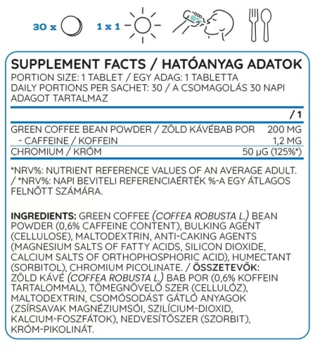 Nutriversum Green Coffee Bean + Chrome - Zöld Kávé + Króm 30 Tabletta
