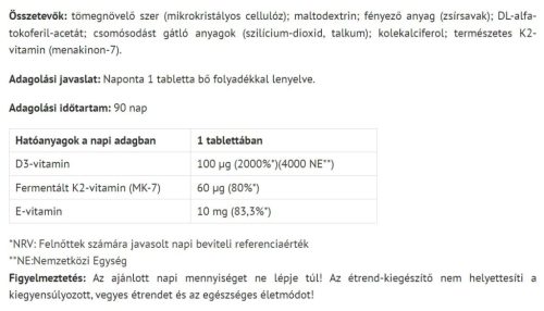 Natur Tanya Szerves D3 És K2-Vitamin 100 Tabletta