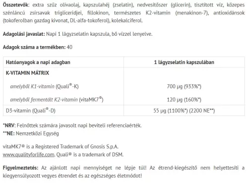 Natur Tanya Olíva K2+D3 – Világszabadalommal védett vitaMK7® K2-vitaminnal 40 Lágykapszula