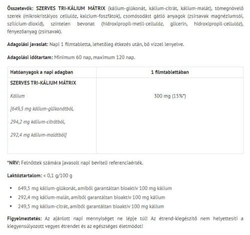 Natur Tanya Szerves Tri-Kálium Mátrix 30 Tabletta