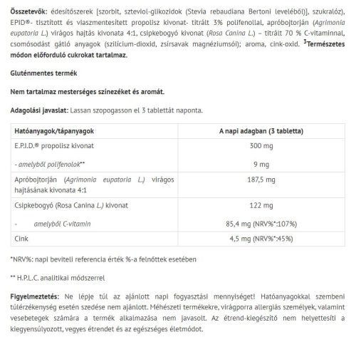 Natur Tanya S. EPID Propoliszos Szopogatós Tabletta Alpesi Növénnyel, Cinkkel, C-Vitaminnal 20 db