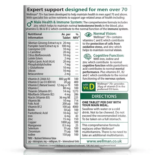 Vitabiotics Wellman 70+ - Multivitamin 70 Feletti Férfiaknak 30 Tabletta