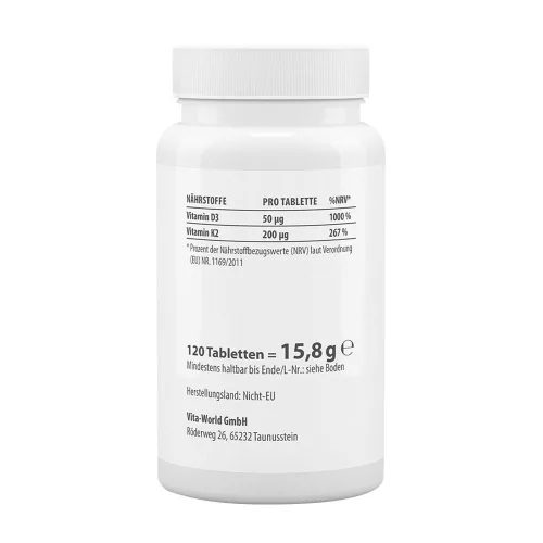 Vitaworld Vitamin D3 2000 NE + K2 MK7 200 mcg 120 Tabletta