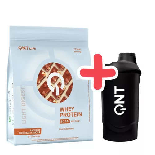 QNT Light Digest Whey Protein 500g Hazelnut Chocolate + QNT Shaker IT'S ON 600ml Black Smoke