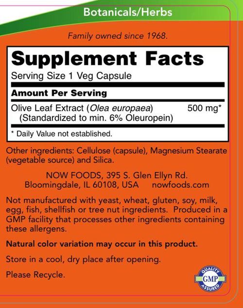 NOW - OLÍVALEVÉL KIVONAT 500 MG KAPSZULA - OLIVE LEAF EXTRACT 500 MG - 60 KAPSZULA