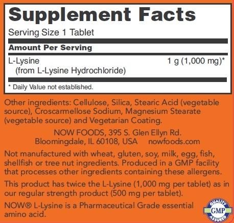 NOW - L-LYSINE 1000 MG DOUBLE STRENGTH - 100 TABLETTA