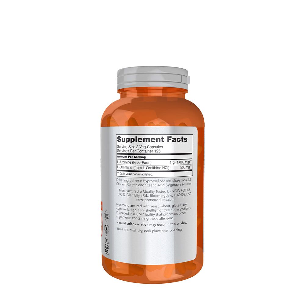 NOW - ARGININ & ORNITIN (ARGININE & ORNITHINE) 500/250 MG - AMINOSAV KEVERÉK - 250 KAPSZULA